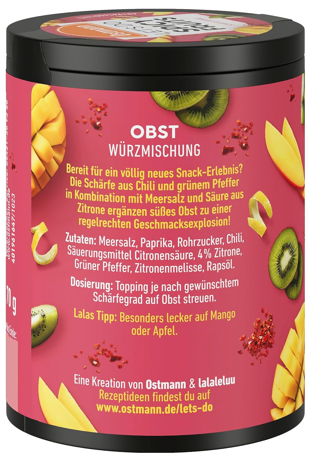 Ostmann Gewürze - Faisons des fruits épicés | Würzmischung für süßes Obst créé par Lalaleluu | scharfes Obst-Topping mit Chili and Pfeffer, lecker auf Apfel or Mango | 70 g dans une barre de recyclage Metalldose