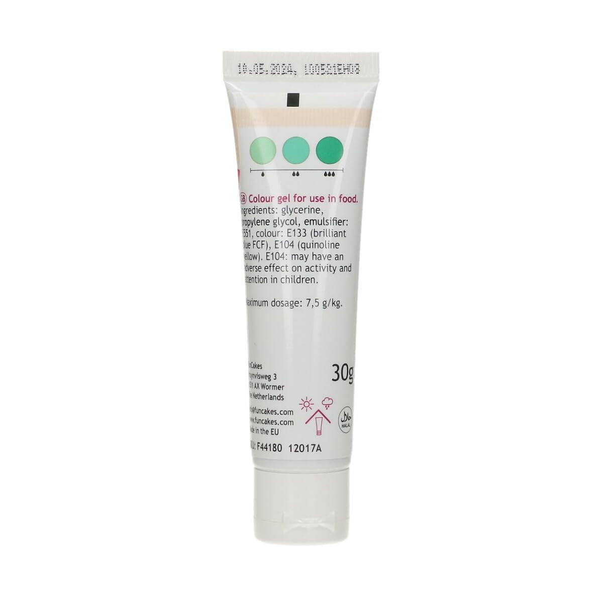 Colorant alimentaire Funcakes Vert Menthe, gel colorant alimentaire très concentré pour pâte, crème, fondant et pâte d'amande. Dosage facile. Une seule goutte pour créer des couleurs vibrantes. Halal. 30g.