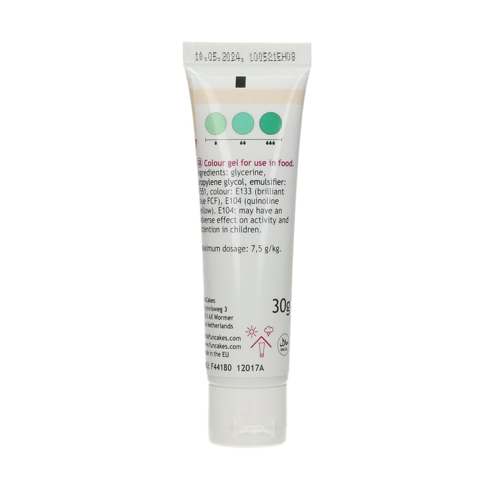 Colorant alimentaire Funcakes Vert Menthe, gel colorant alimentaire très concentré pour pâte, crème, fondant et pâte d'amande. Dosage facile. Une seule goutte pour créer des couleurs vibrantes. Halal. 30g.