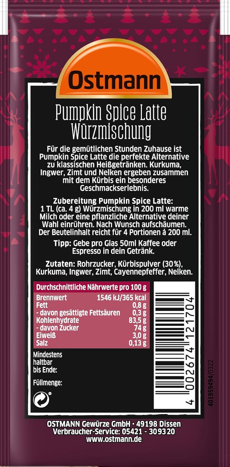 Ostmann Gewürze – Pumpkin Spice Latte Würzmischung, zum Einrühren in Milch mit Kaffee ou Espresso, mit Kürbispulver, 16 g im Beutel (Verpackungsdesign kann abweichen)
