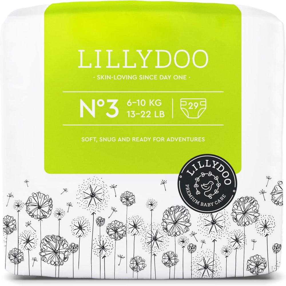 LILLYDOO Couches pour bébé respectueuses de la peau - Taille 3 (6-10 kg), 29 pièces, protection fiable contre les fuites, douces, sans parfum et sans lotion pour peaux sensibles, testées dermatologiquement