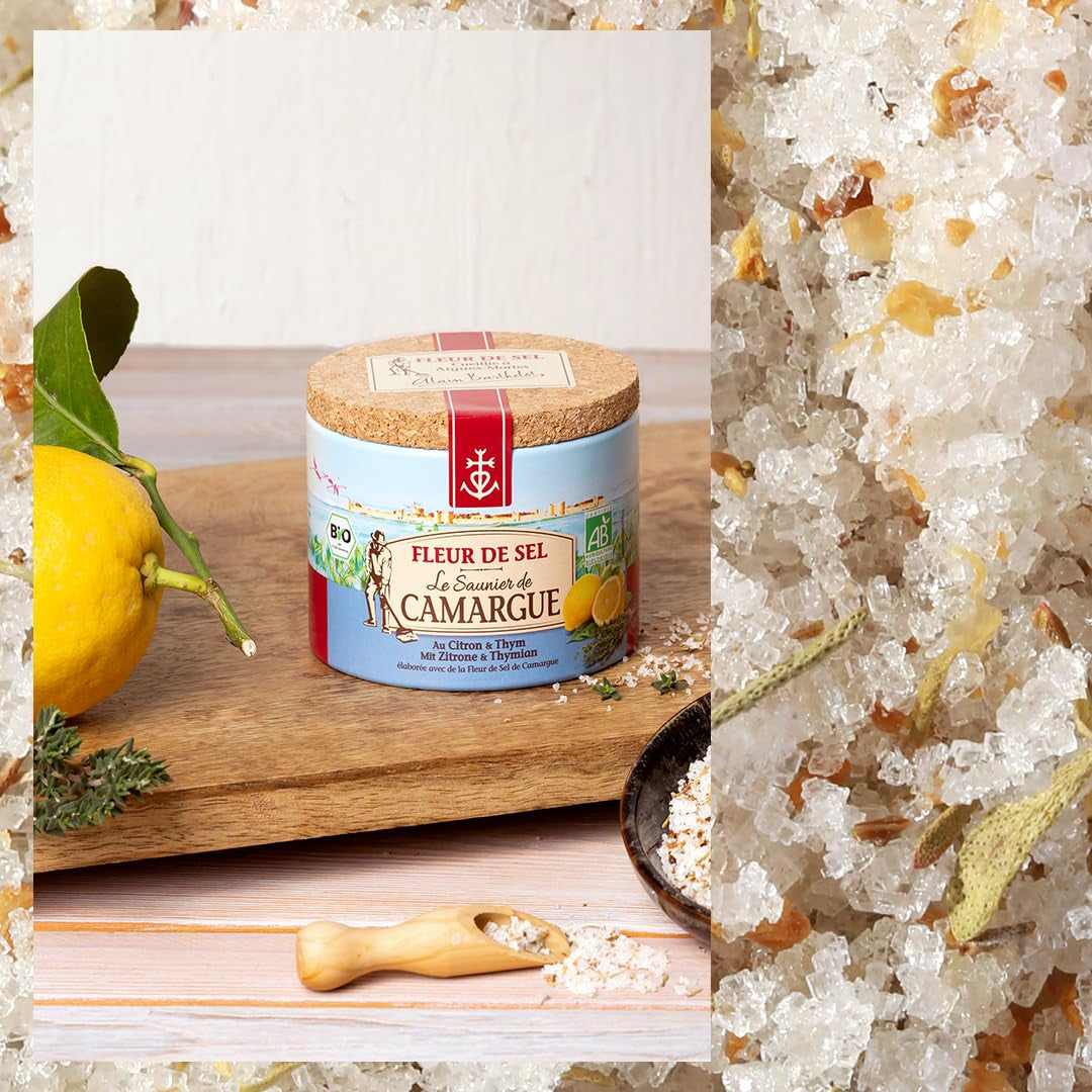 Le Saunier de Camargue Fleur De Sel Citrone Thymian en dose de 125 g, Premium Meersalz aus Süd-Frankreich, Idéal comme Finition von Speisen und zum Verfeinern von Gerichten