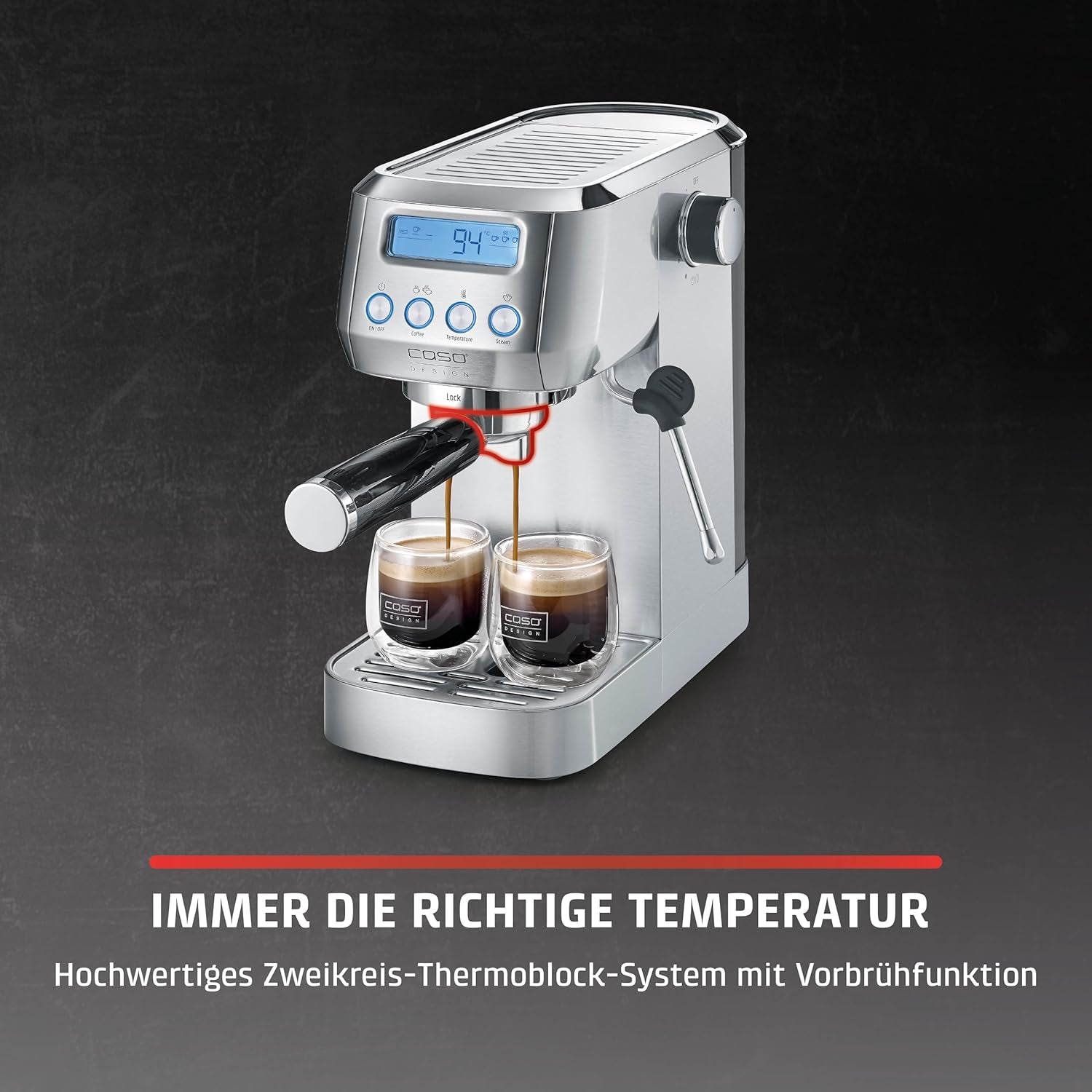 CASO EspressoGourmet Crema - Machine à expresso porte-filtre avec mousseur à lait, expresso, cappuccino, porte-filtre en acier inoxydable, pompe ULKA 20 bars, machine à café, café moulu, capsules ESE