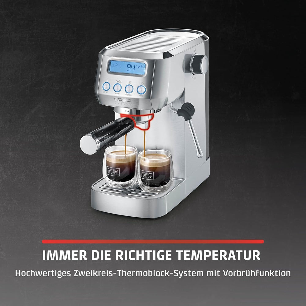 CASO EspressoGourmet Crema - Machine à expresso porte-filtre avec mousseur à lait, expresso, cappuccino, porte-filtre en acier inoxydable, pompe ULKA 20 bars, machine à café, café moulu, capsules ESE