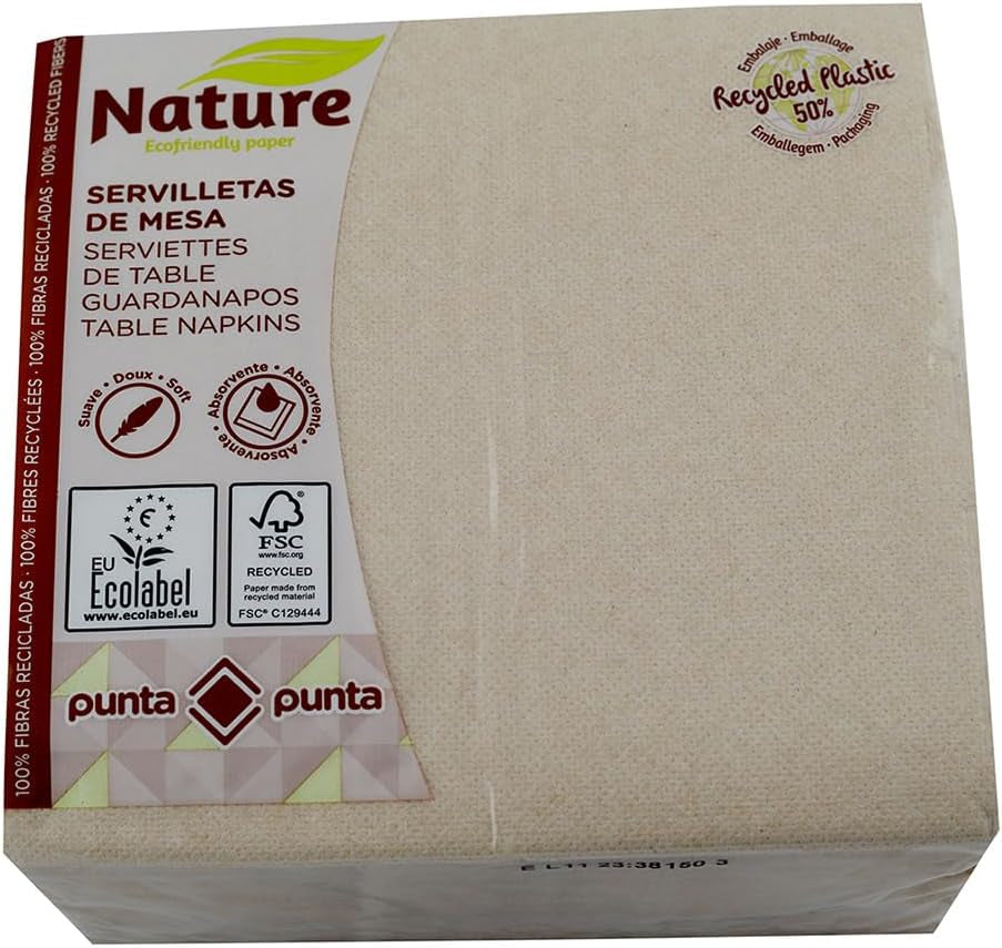 Șervețele din hârtie reciclată, 2 straturi, ecologice, 100% fibre reciclate, 50% ambalaj din plastic reciclat, 33 X 33 Cm.