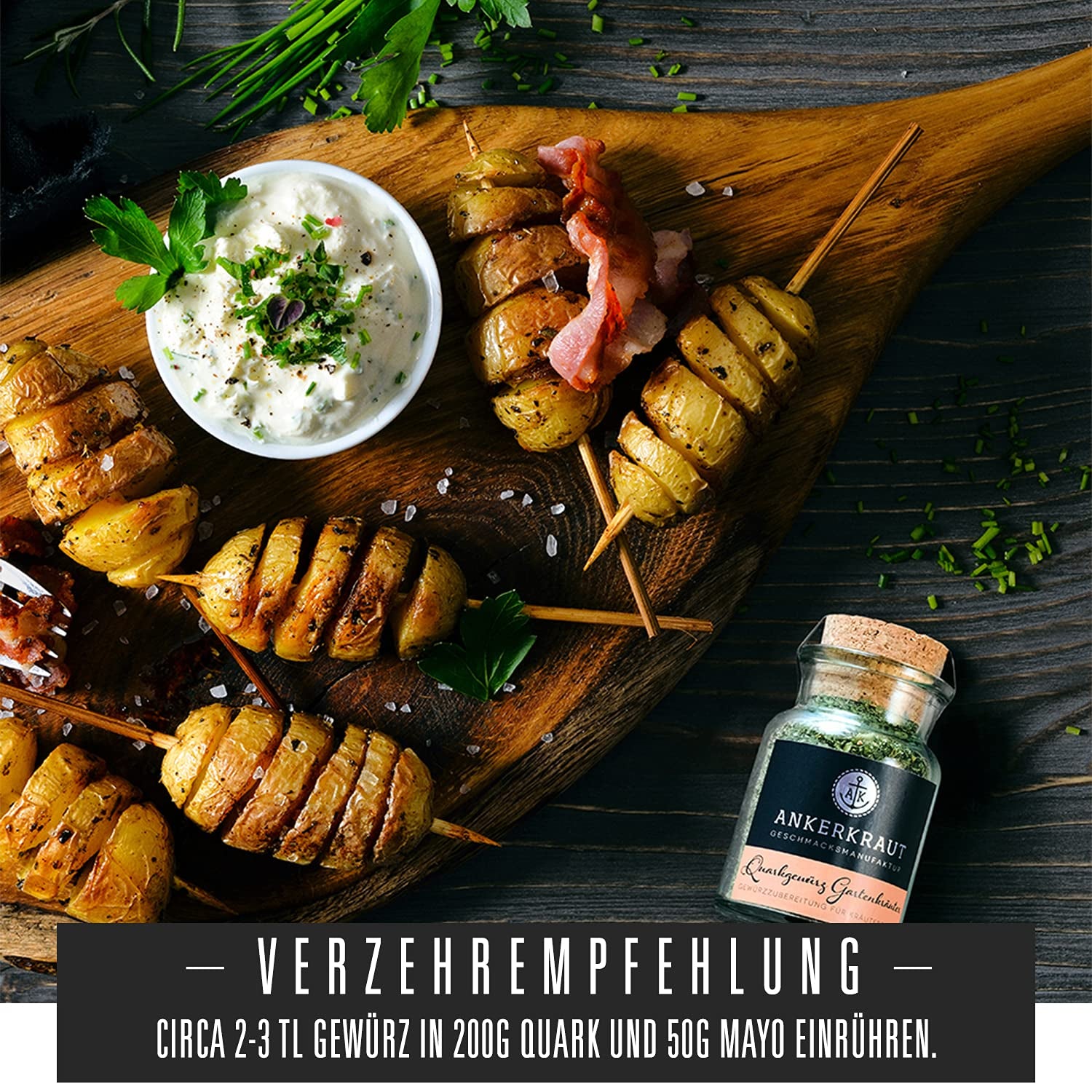 Ankerkraut Kräuterquark Dip, Gewürzmischung für Quark, Ohne Geschmackverstärker, Premium Qualität, Alternative Yaourt and Soja-Quark, Aufstrich selber machen, 55 g dans un verre en liège