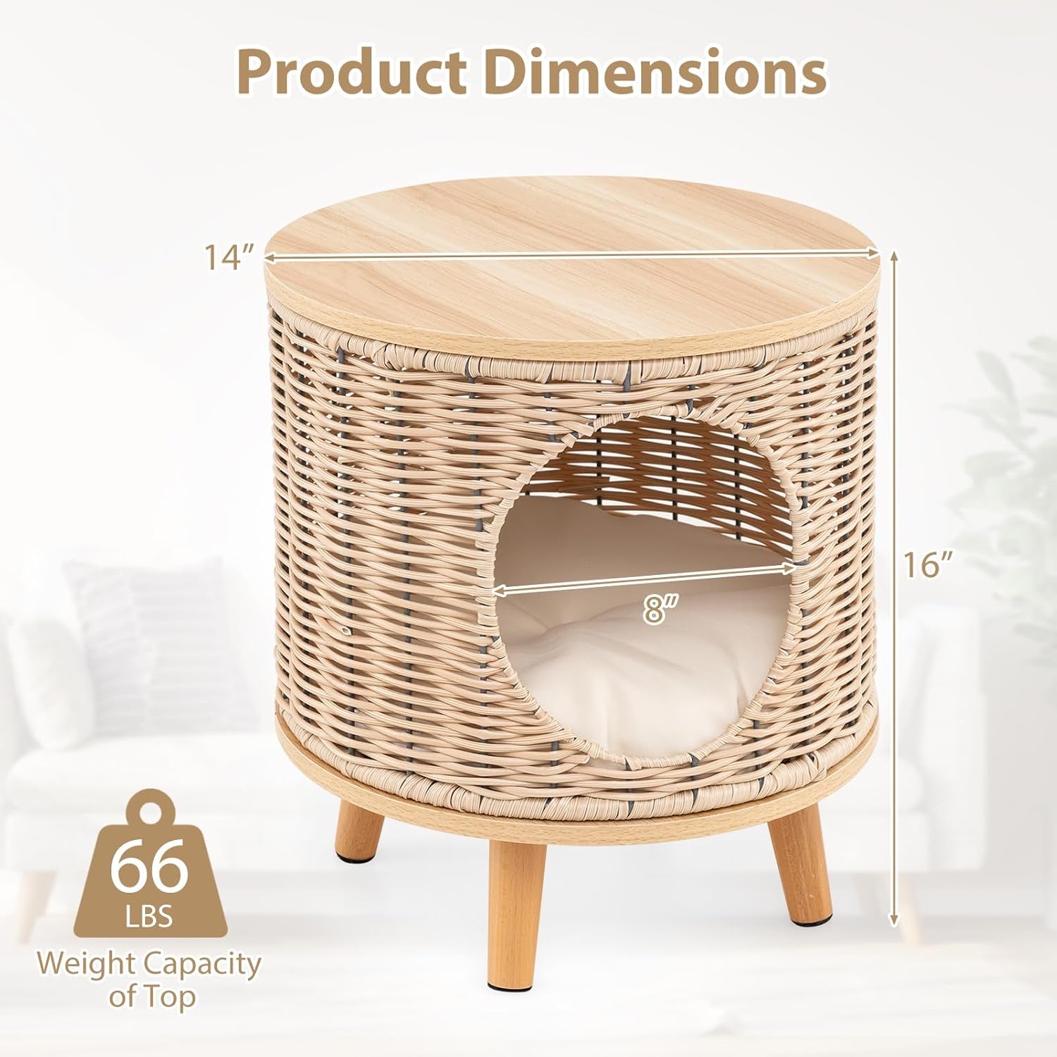 Katzenhaus Rattan, Katzenmöbel mit Holzbeinen & soft Kissen, 3 in 1 Katzenhöhle Fußhocker Nachttisch, Katzenbett stabil bis 30 kg für Wohnzimmer Schlafzimmer