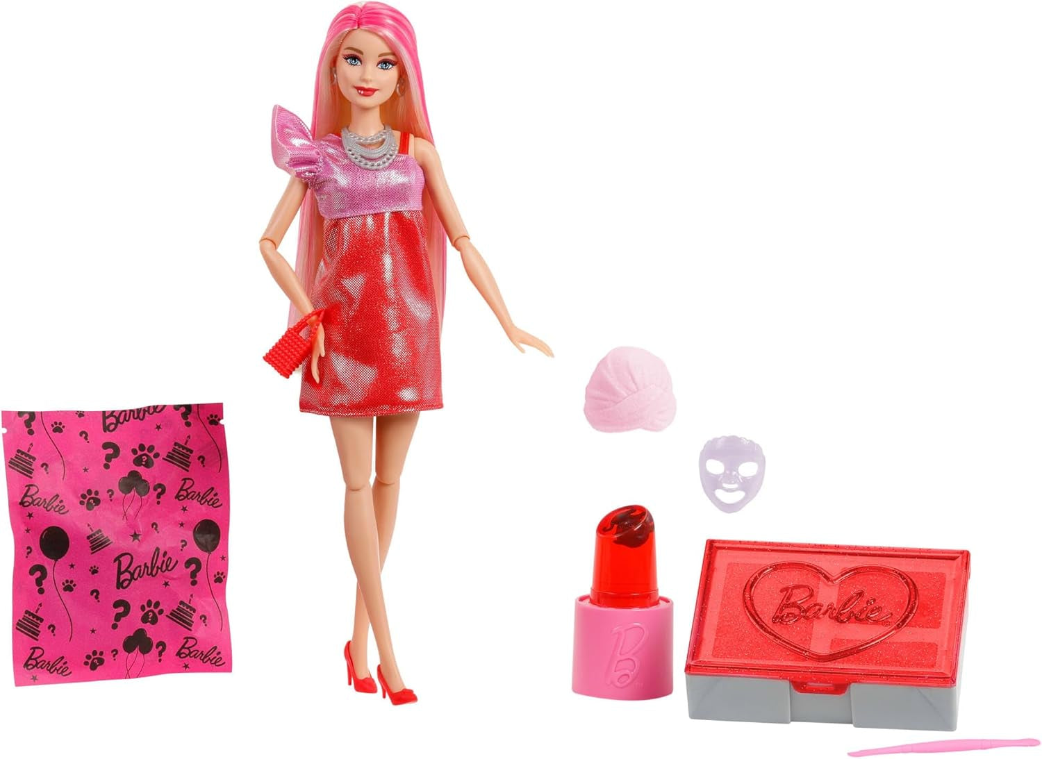 Barbie Party Unboxed Puppe und Accessoires, Glam Party Serie mit 10 Überraschungen, darunter eine rote glitzernde Puppe mit Farbwechseleffekt, JFY68