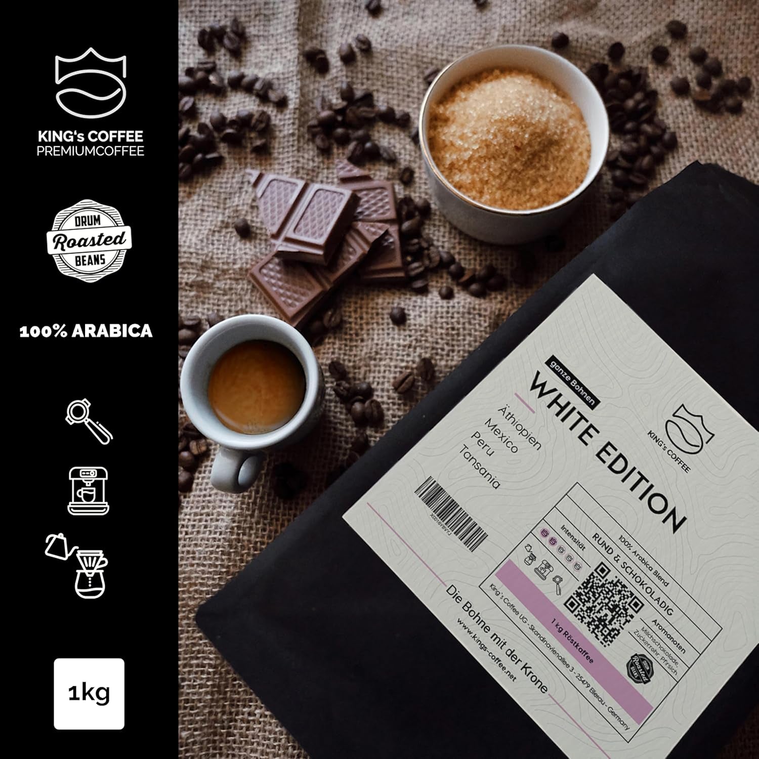 KING'S COFFEE - WHITE EDITION - mélange léger 100 % Arabica d'Éthiopie, du Mexique, du Pérou et de Tanzanie - torréfaction en petits lots en Italie - grains d'espresso entiers pour machines à porte-filtre - 1 kg
