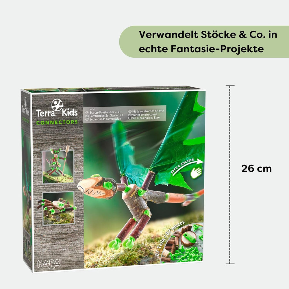 HABA Terra Kids Connectors – Starter-Konstruktionsset für Kinder - Holz-Bastelset mit Kunststoff-Verbinder und Handbohrer – Natur-Baukasten für kreatives Bauen von Figuren