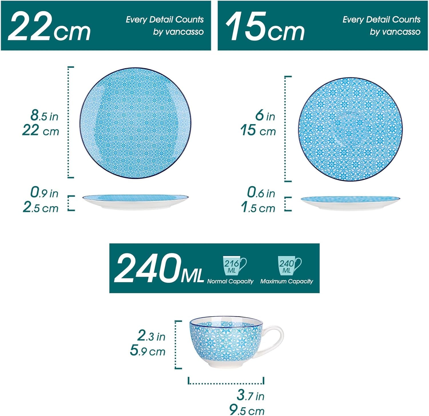 Vancasso Macaron Service à café en porcelaine, service à café coloré 12 pièces pour 4 à 12 personnes, ensemble de tasses, comprend des tasses à café, des soucoupes et des assiettes à dessert