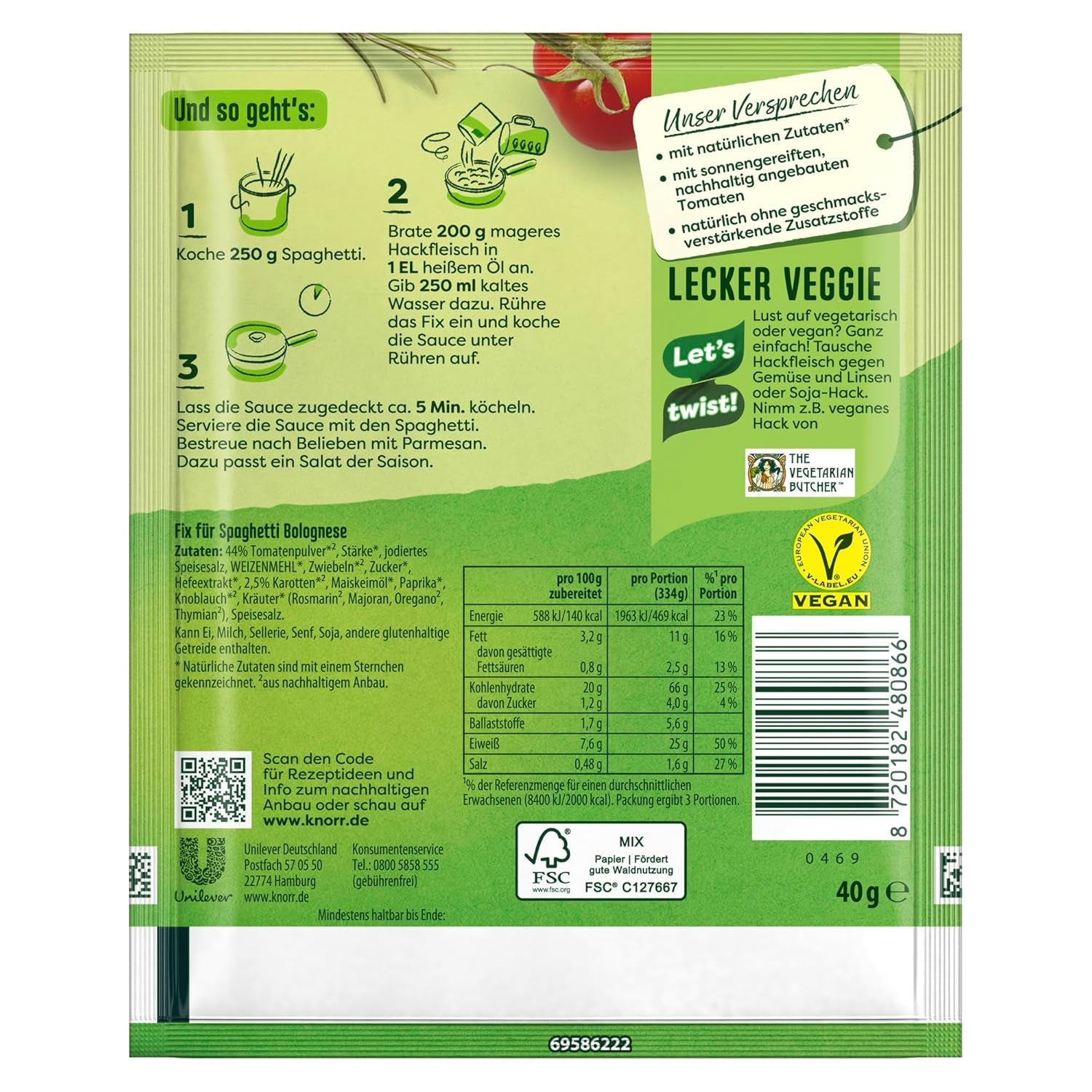 Knorr Fix Würzmischung Spaghetti Bolognese pour un délicieux plat de nouilles avec des ingrédients naturels 40 g