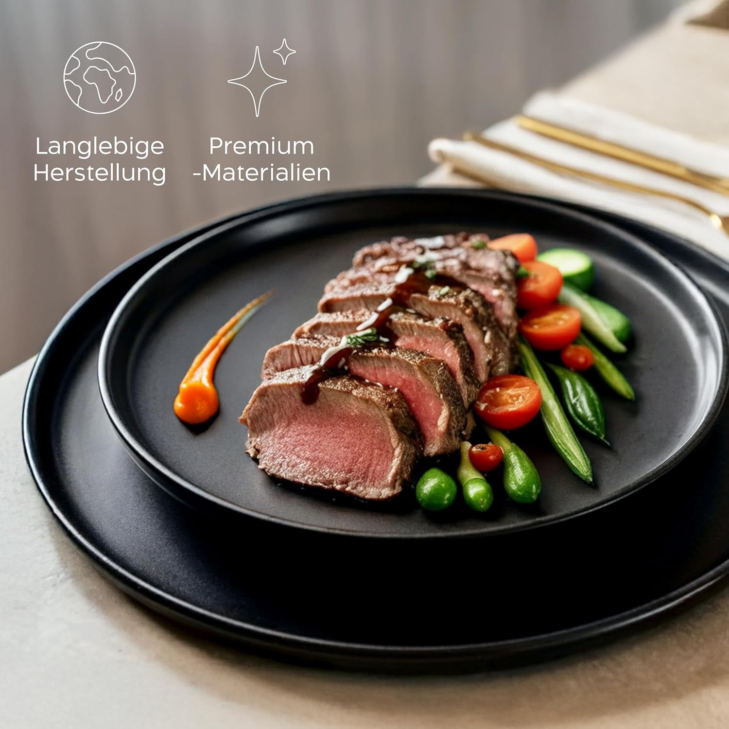 Ensemble d'assiettes en grès pour 6 personnes – Noir mat, 6 pièces, grandes assiettes allant au micro-ondes, design élégant – Collection Twinzee Ebony