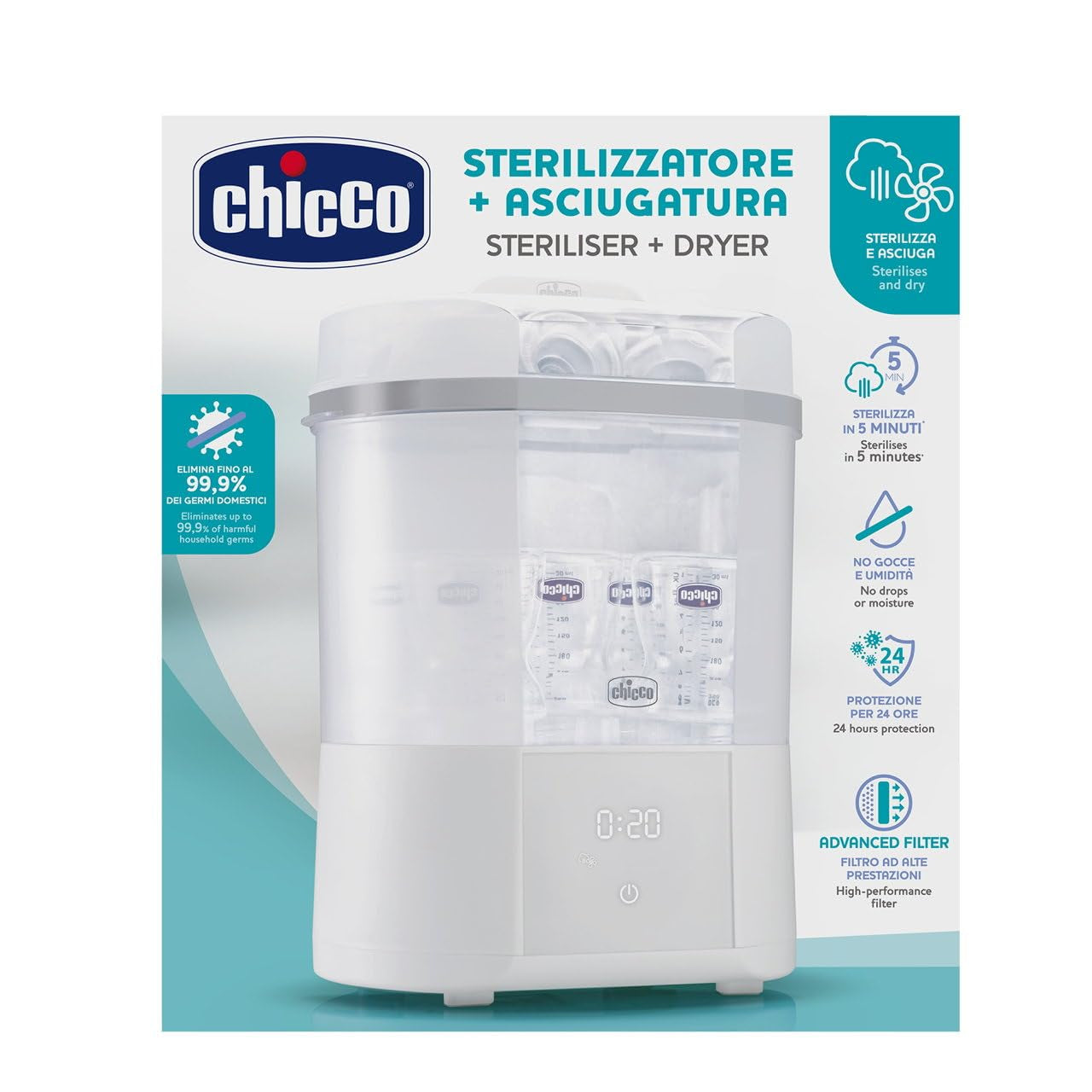 Chicco Stérilisateur modulaire avec fonction de séchage, stérilisateur pour biberons, anneau de dentition et tétine avec arrêt automatique, passe au micro-ondes, convient pour stériliser jusqu'à 6 biberons de 330 ml