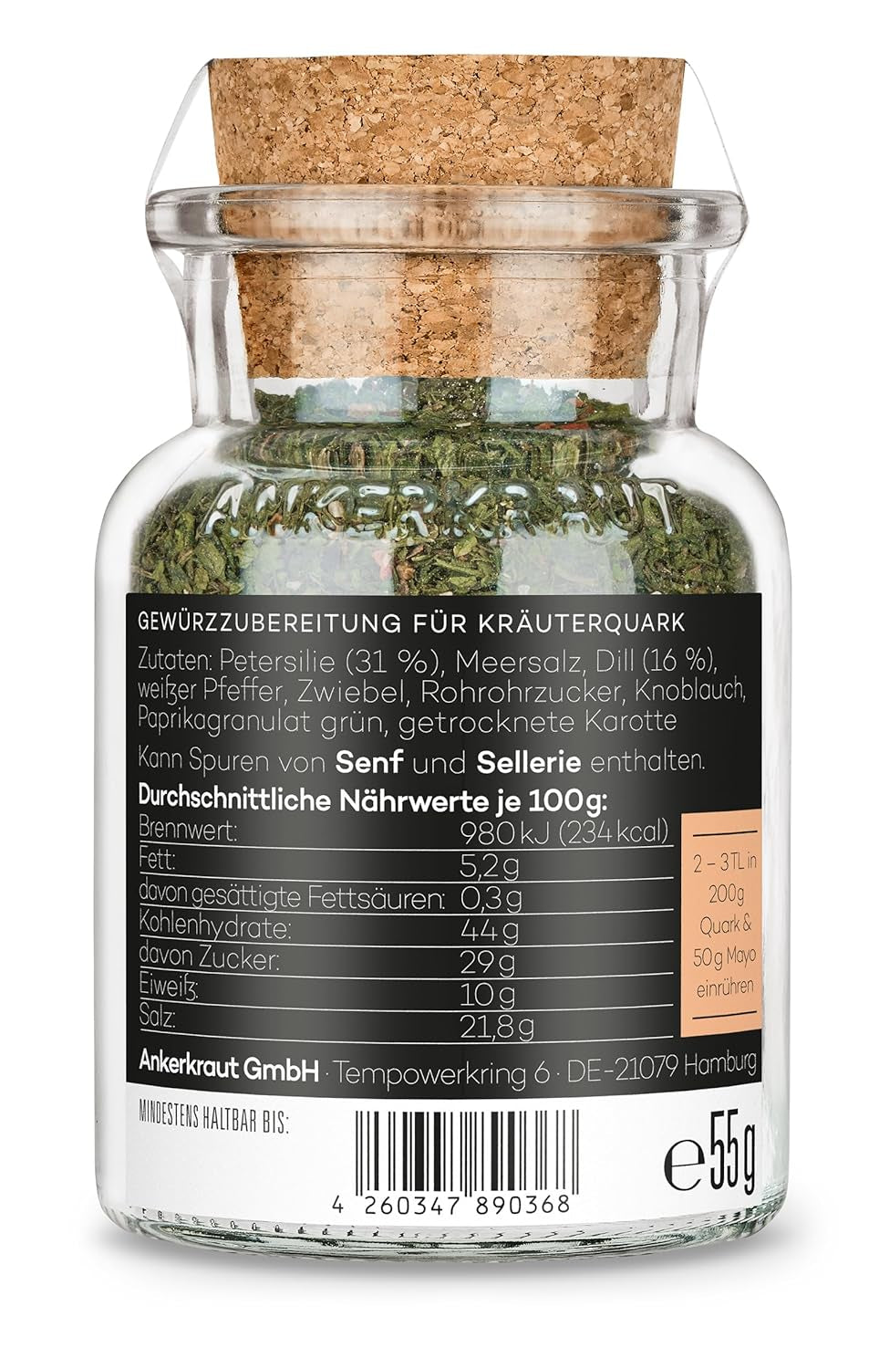 Ankerkraut Kräuterquark Dip, Gewürzmischung für Quark, Ohne Geschmackverstärker, Premium Qualität, Alternative Yaourt and Soja-Quark, Aufstrich selber machen, 55 g dans un verre en liège