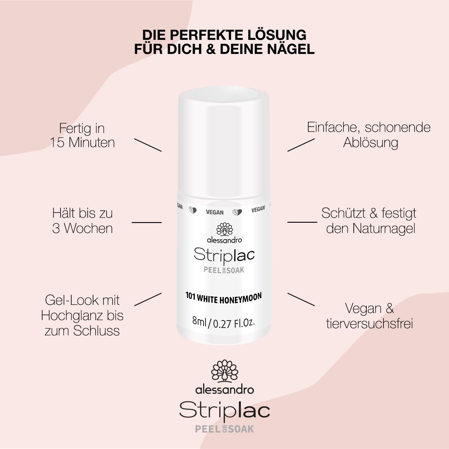 Vernis à ongles UV Alessandro Striplac White Honeymoon - Délicat et longue tenue - S'enlève facilement grâce à la technologie de retrait - Vegan et cruelty-free - 8 ml