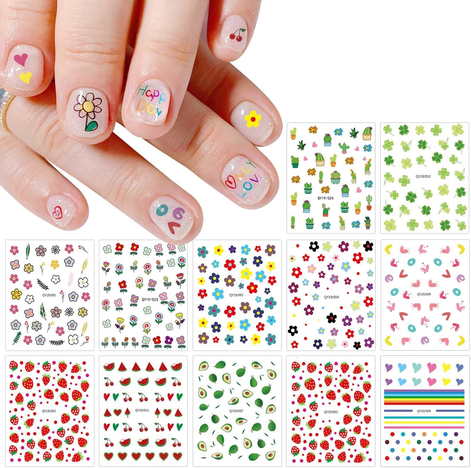JMEOWIO Süße Nagelsticker Für Kinder 14 Blatt Nail Art Sticker Selbstklebend Nagelaufkleber Regenbogen Blumen Frucht Dekoration Nageldesign Zubehör