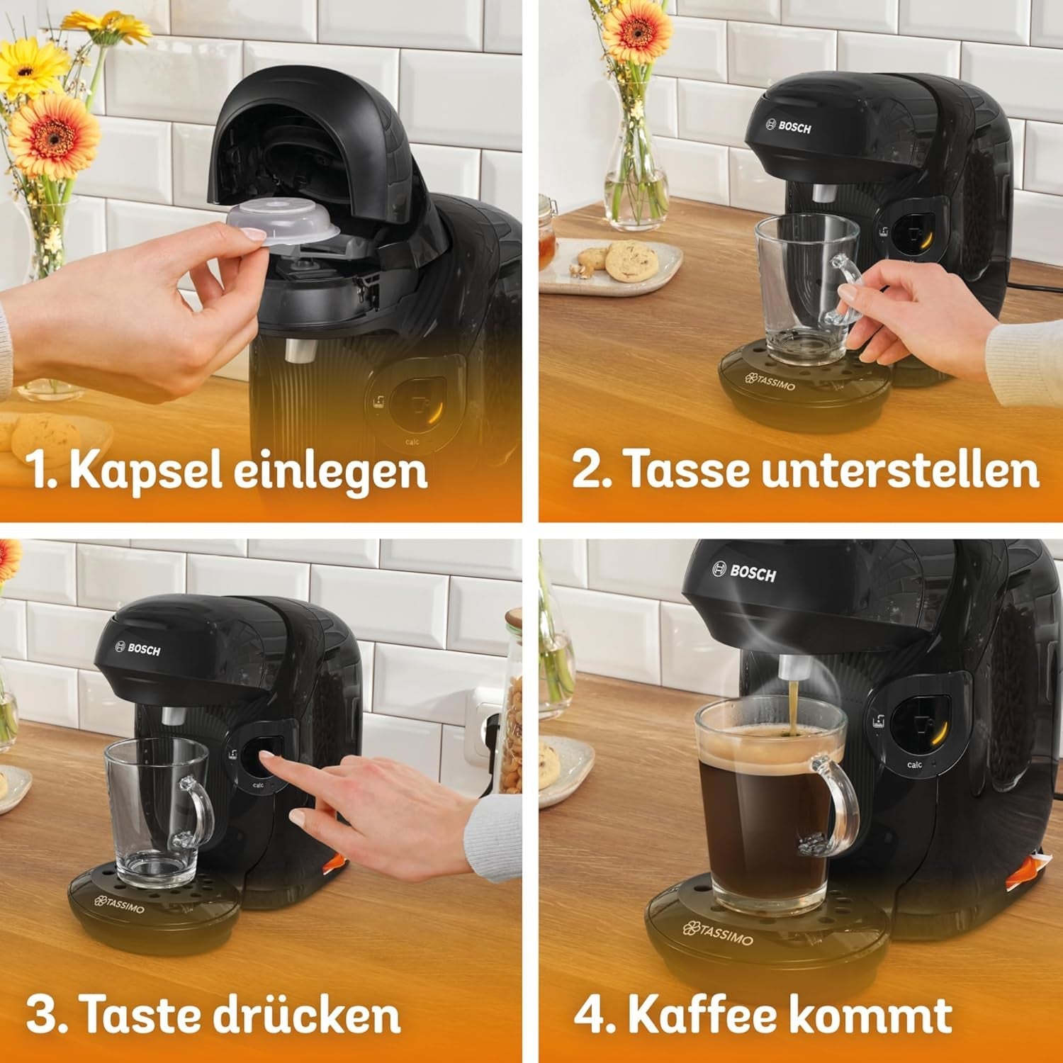 Bosch Tassimo Style TAS112E Machine à expresso à capsules, plus de 70 boissons, convient à toutes les tailles de tasses, entièrement automatique, durable, peu encombrant, 1400 W, noir