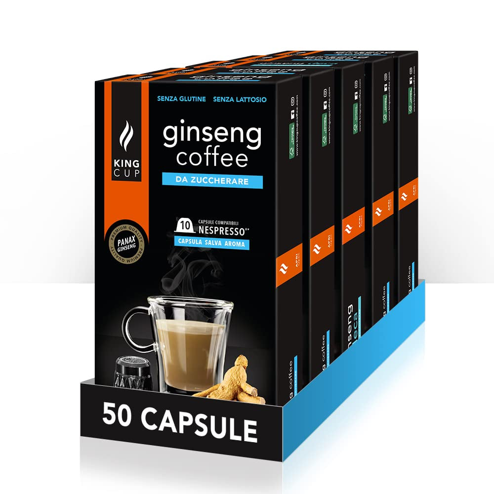 - 5 Packungen avec 10 capsules de ginseng sans sucre, 50 capsules 100% compatibles avec le système Nespresso de boisson au ginseng, sans gluten et sans lactose