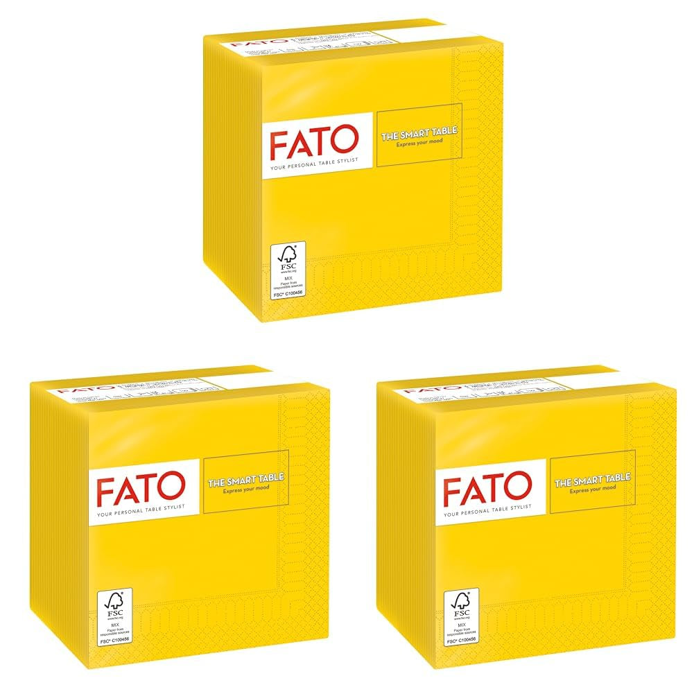 , Serviettes en papier jetables, idéales pour les apéritifs et les cocktails, paquet de 100 serviettes, taille 24 x 24, 4 épaisseurs, 2 épaisseurs, jaune, papier 100 % pure cellulose, certifié FSC (lot de 3)