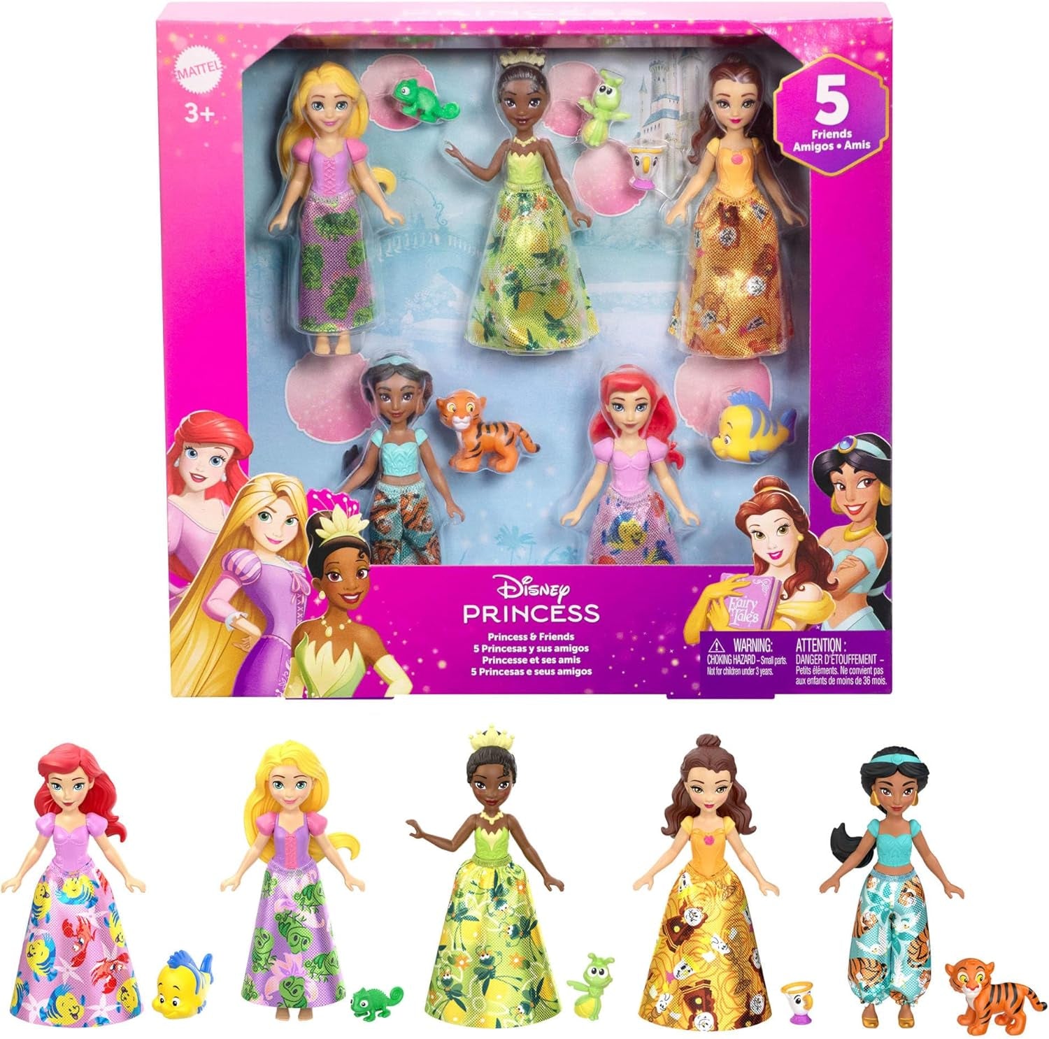 Mattel Disney Prinzessin Verwandlungs-Spielset Kutsche zu Schloss mit kleiner Puppe Aurora, 3 Ebenen, 6 Spielbereichen, 4 Figuren, Möbeln & Zubehör HWX17