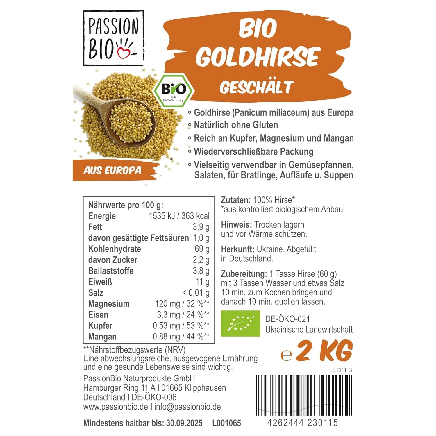 PassionBio millet doré bio 2 KG - emballage refermable