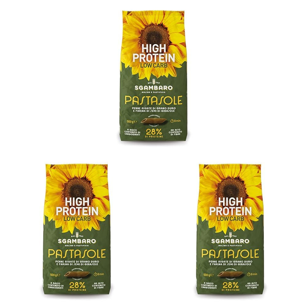 PASTASOLE, Penne Rigate avec semoule de blé dur 100% italienne et farine de graines de tournesol - 500g - Riche en protéines, faible en glucides, riche en fibres (Pack de 3)