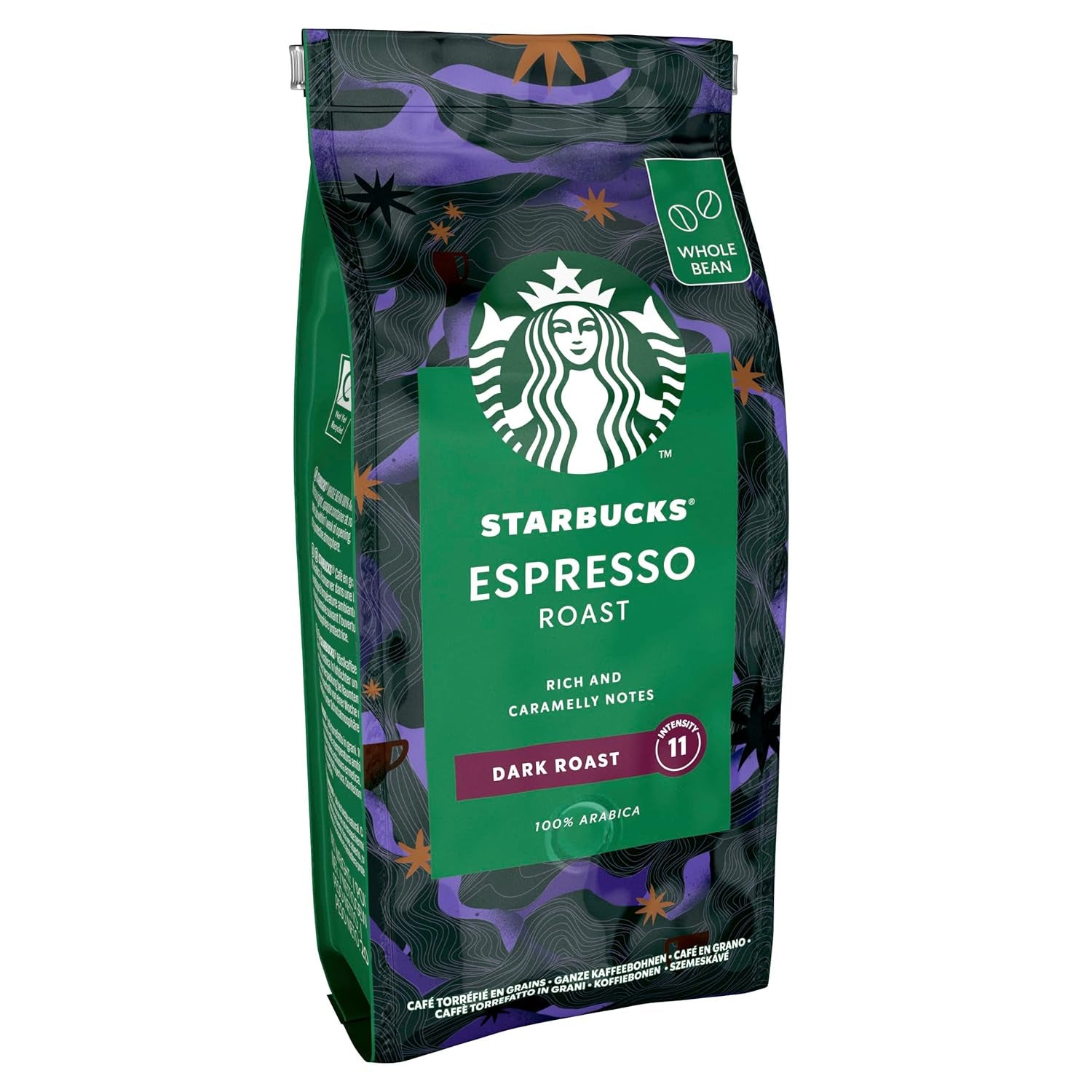 STARBUCKS Espresso Roast, torréfaction noire, grains de café entiers 200 g (paquet de 6)