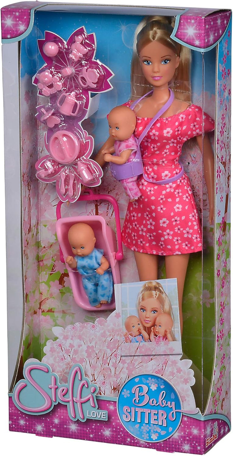 Simba 105730211 - Steffi Love Nanny, avec deux bébés, porte-bébé et siège auto, accessoires, poupée à habiller, 29 cm, pour enfants à partir de 3 ans