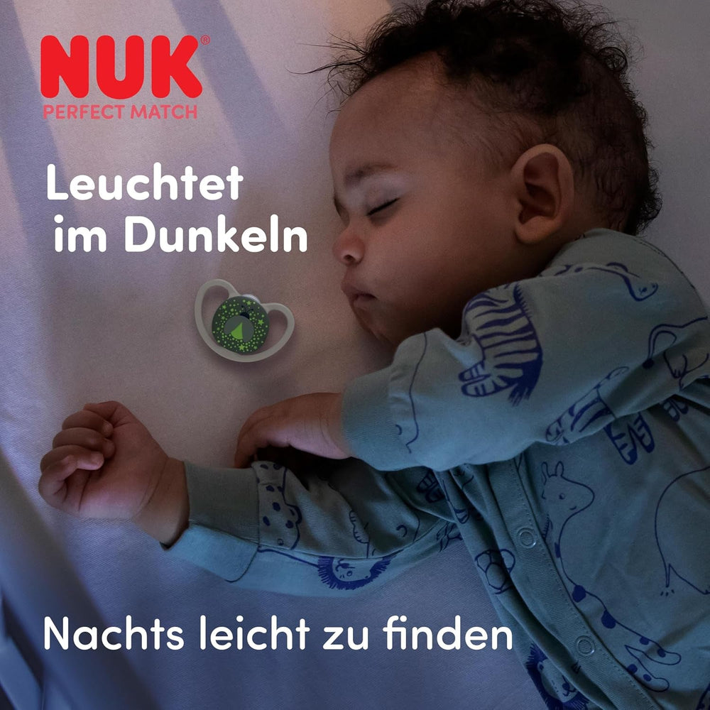 Suzete NUK Perfect Match Air Night pentru bebeluși | 0-6 luni | Suzete care strălucesc în întuneric, care promovează circulația aerului și previn salivarea | Acceptare 95% de către bebeluși** | Lion | Pachet de 2