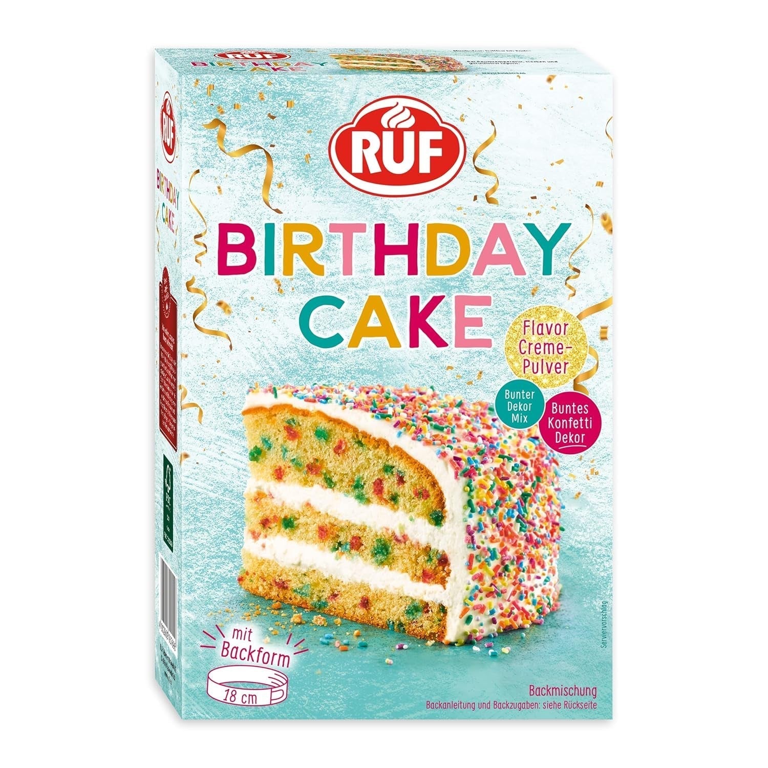 RUF Birthday Cake, Geburtstagskuchen, Schicht-Torte Aus Rührteig Und Konfetti-Streusel, Tortencreme Und Buntem Dekor-Mix, Für Kindergeburtstag, Familienfeier, Einschulung, 1X425G Glazuri si Decor Naty Shop 425 G (1Er Pack)