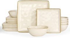 Service de table en grès pour 6 personnes Ocean Series, service de table carré de 18 pièces, service combiné d'assiettes, vernis réactif, vaisselle résistante aux rayures, Beige