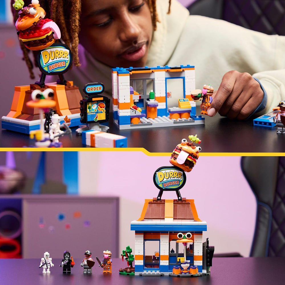 LEGO Fortnite Durrr Burger Restaurant - Jeu de jeu avec Strandbomber, Beefboss, Schmierfink et EIN Skelett Minifiguren - Ensemble de jeu de jeu pour jeunes et filles à partir de 10 ans - 77076
