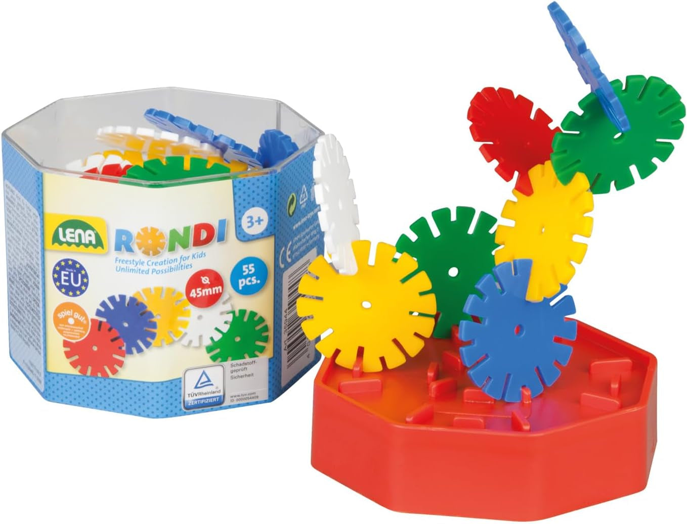 Lena 35946 Steckspiel Rondi 45 à Baudose, 55 Teile à Bunten Farben, env. 45 mm, 3 ans à 10 ans, Konstruktionsspielzeug mit Steckteilen, Mehrfarbig