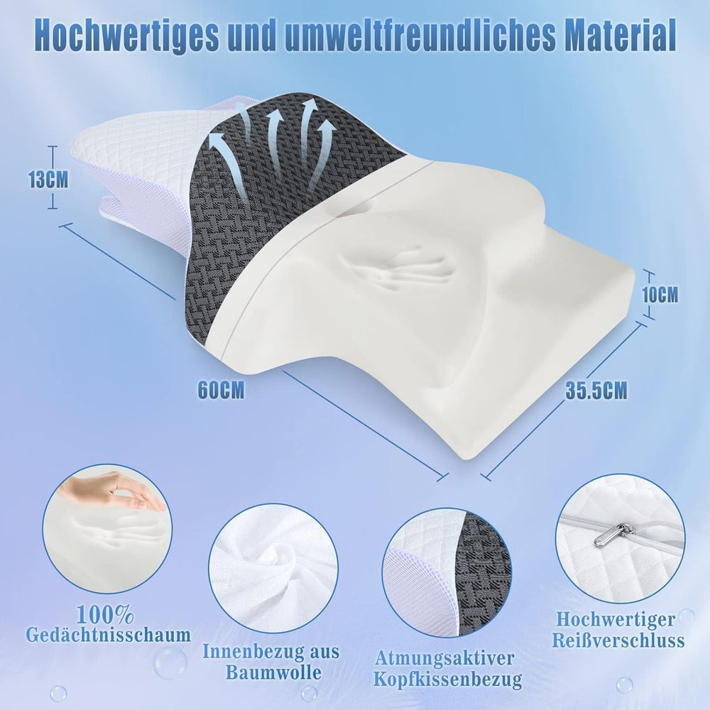 SAHEYER Oreiller cervical Oreiller en mousse à mémoire de forme Oreiller de couchage latéral Oreiller orthopédique ergonomique de soutien du cou Améliore la qualité du sommeil Oreiller cervical 60 X 35,5 X 10/13 CM Oreiller de couchage avec taie d'oreiller Oreillers orthopédiques cervicaux Naty Shop