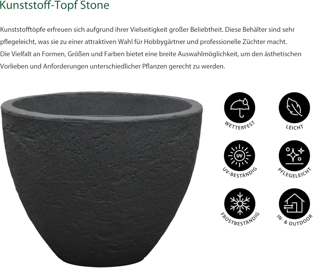 Ghiveci Dehner Stone, Ø 40 cm, înălțime aprox. 31 cm, plastic, antracit