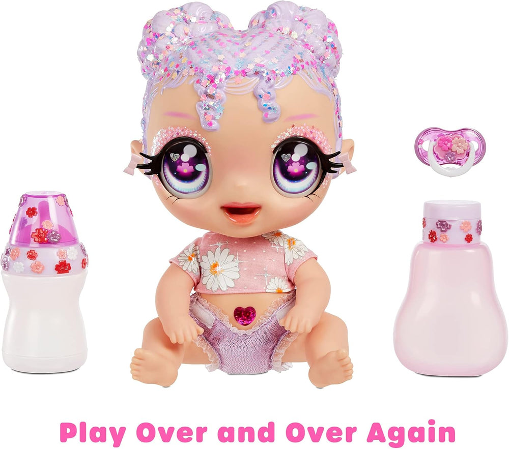 MGA Glitter Babyz - LILA WILDBLOOM - Poupée bébé avec 3 changements de couleurs magiques dans l'eau glacée - avec cheveux lilas pailletés, tenue de fleurs sauvages, couche, biberon et tétine - pour les enfants à partir de 3 ans