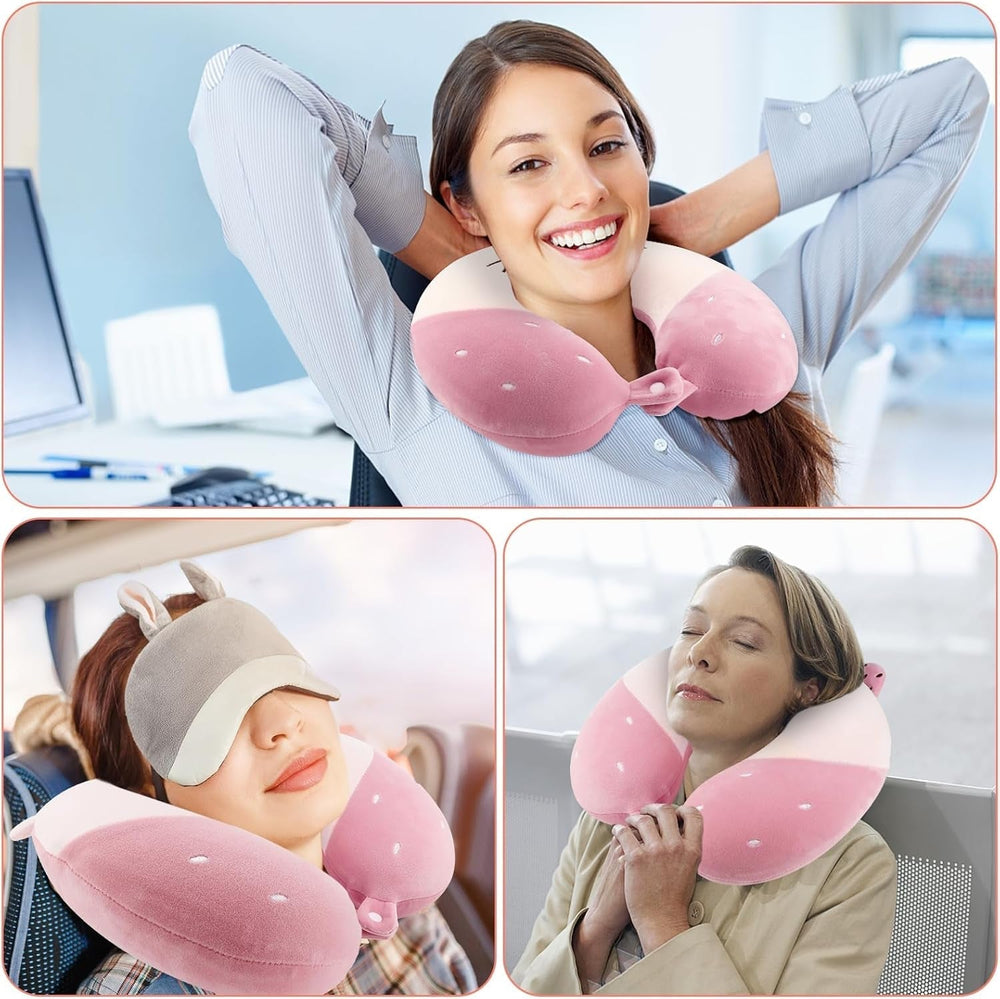 Litimkat Oreiller cervical pour enfants, oreiller de voyage portable, oreiller en mousse à mémoire de forme en forme de U, voyage, avion, voiture, train, bureau, maison, motif animal mignon, housse de coussin détachable (rose) Oreillers orthopédiques cervicaux Naty Shop