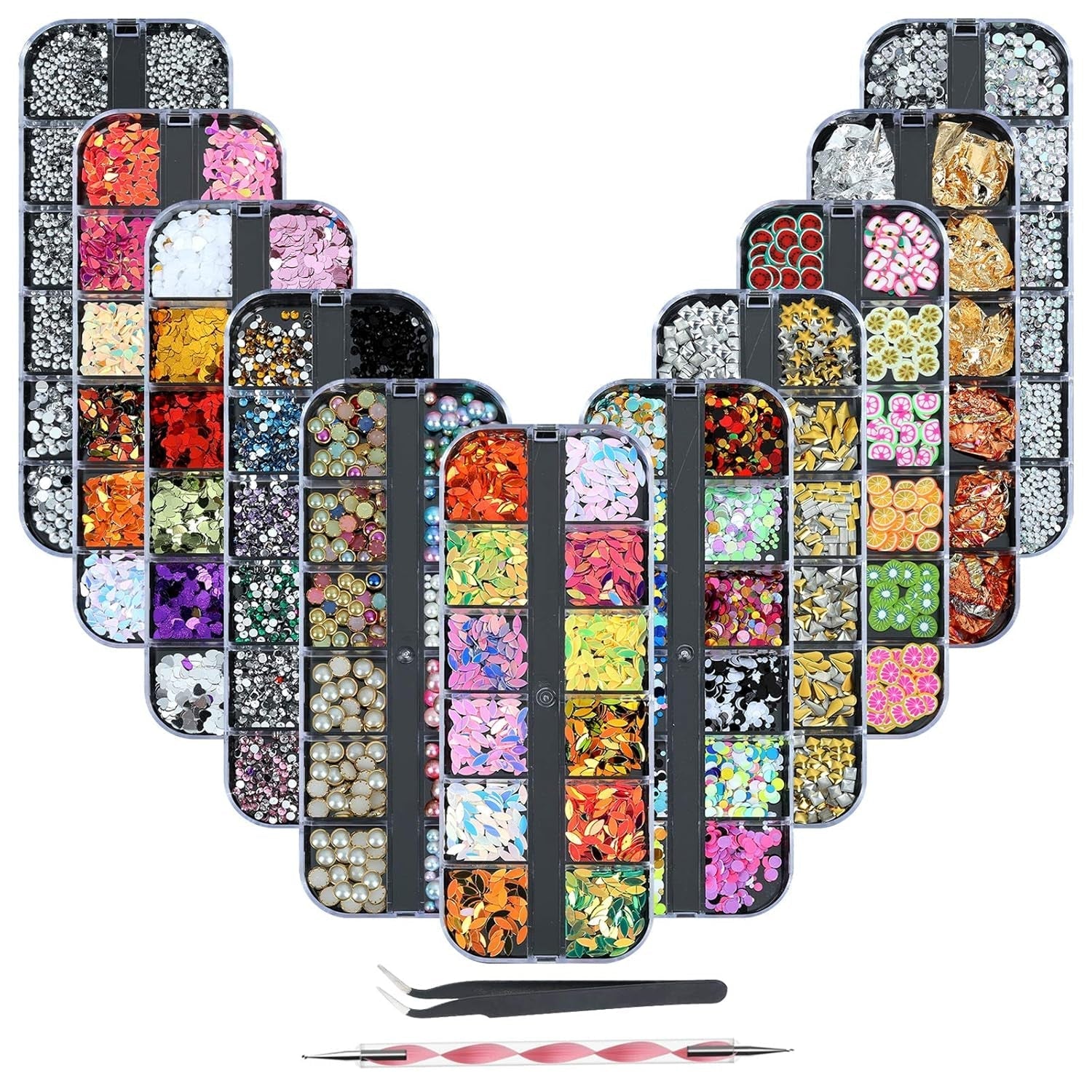 8 boîtes Nail Art Strass Kit - Nail Art Gemischt Strass Set, Nagel Kunst Strasssteine ​​​​Gems Perlen Edelsteine ​​​​Bunt Pferdeaugen Strass pour Nageldesign Zubehör Mit 1 Pinzetten et 1 Strass Picker pour DIY