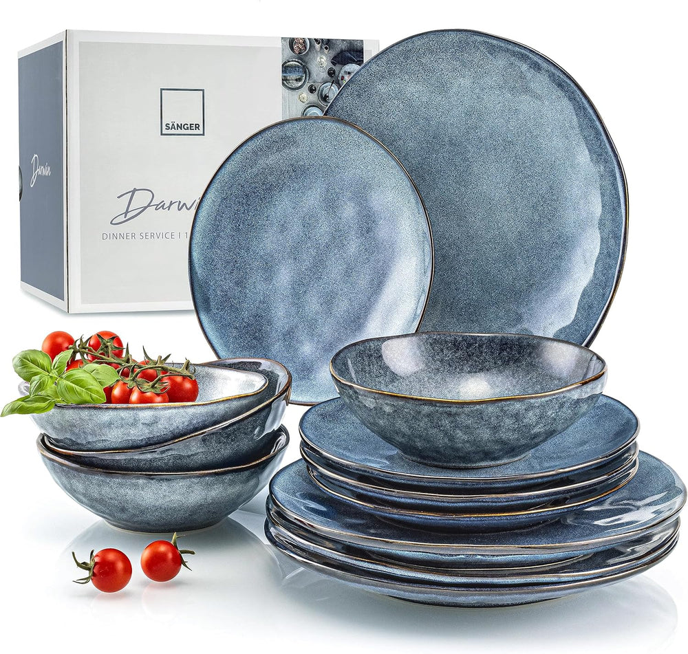 SANGER | Service de table Darwin 12 pièces, service de table en grès pour 4 personnes, service de table bleu comprenant des assiettes plates, des assiettes à dessert et des assiettes creuses, un service de table fait main | LA COLLECTION PREMIUM