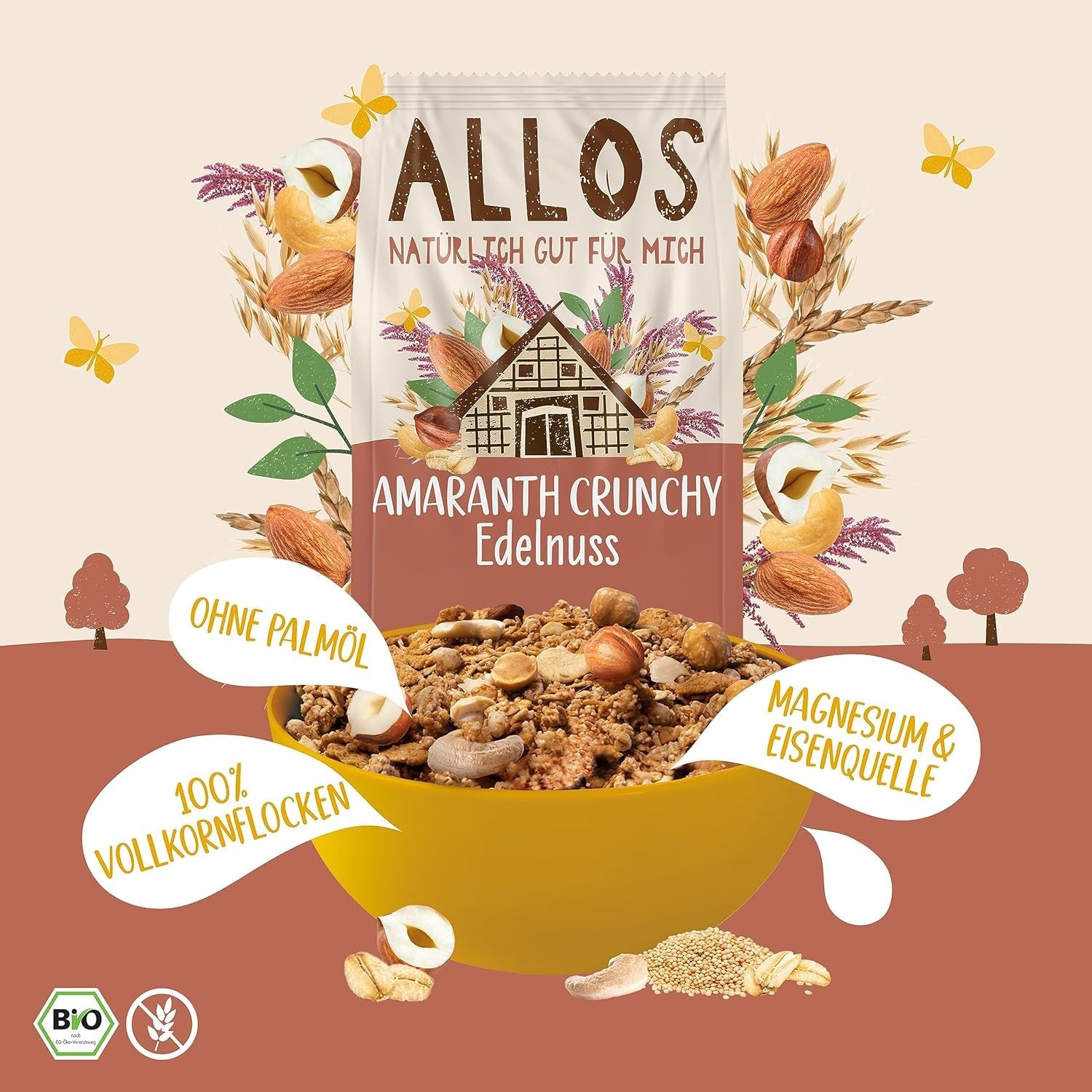 Muesli croquant premium aux noix et amarante Allos | Muesli biologique | Muesli aux noix | Gruau | Céréales pour le petit déjeuner | Végétalien | Paquet de 6 (6x400g)
