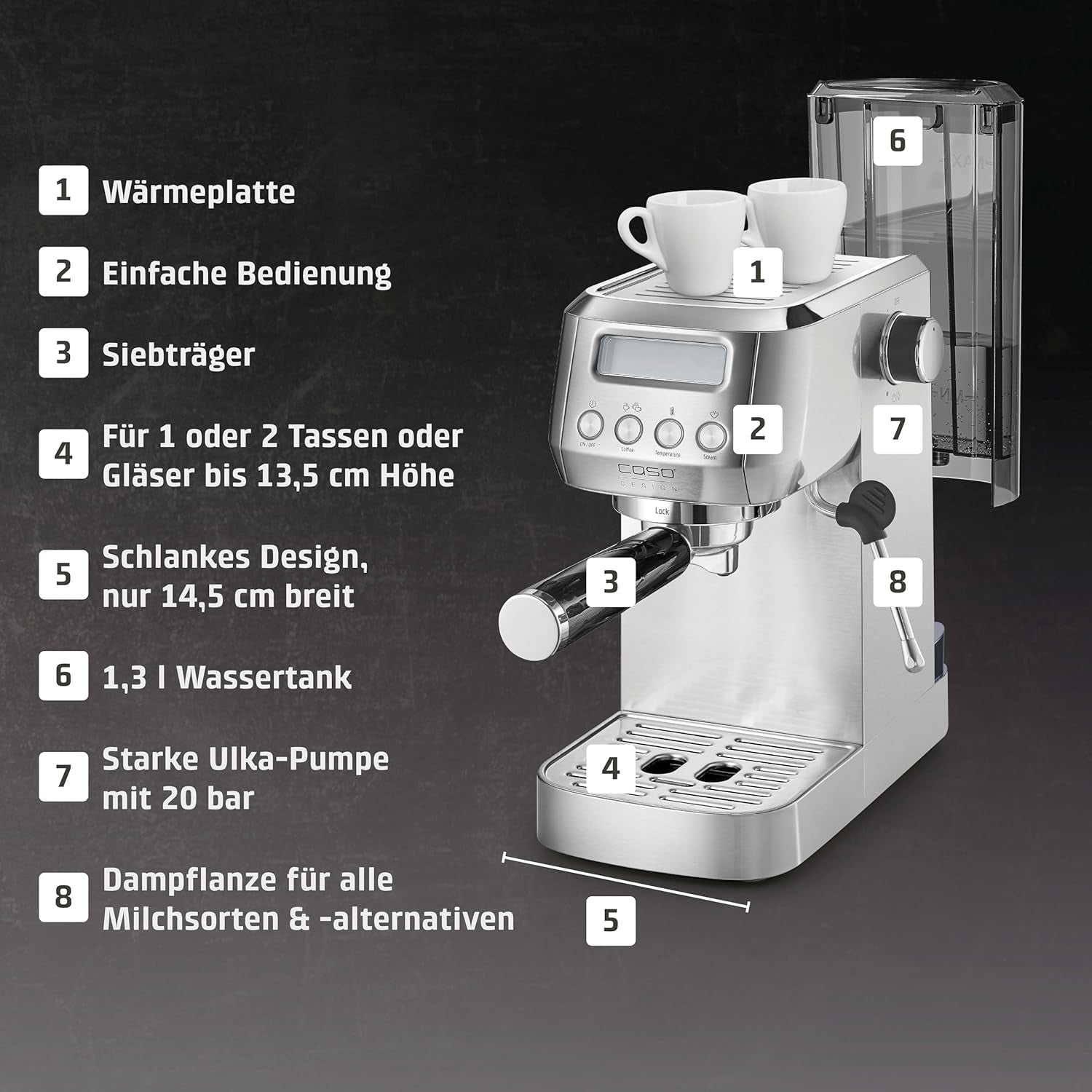 CASO EspressoGourmet Crema - Machine à expresso porte-filtre avec mousseur à lait, expresso, cappuccino, porte-filtre en acier inoxydable, pompe ULKA 20 bars, machine à café, café moulu, capsules ESE