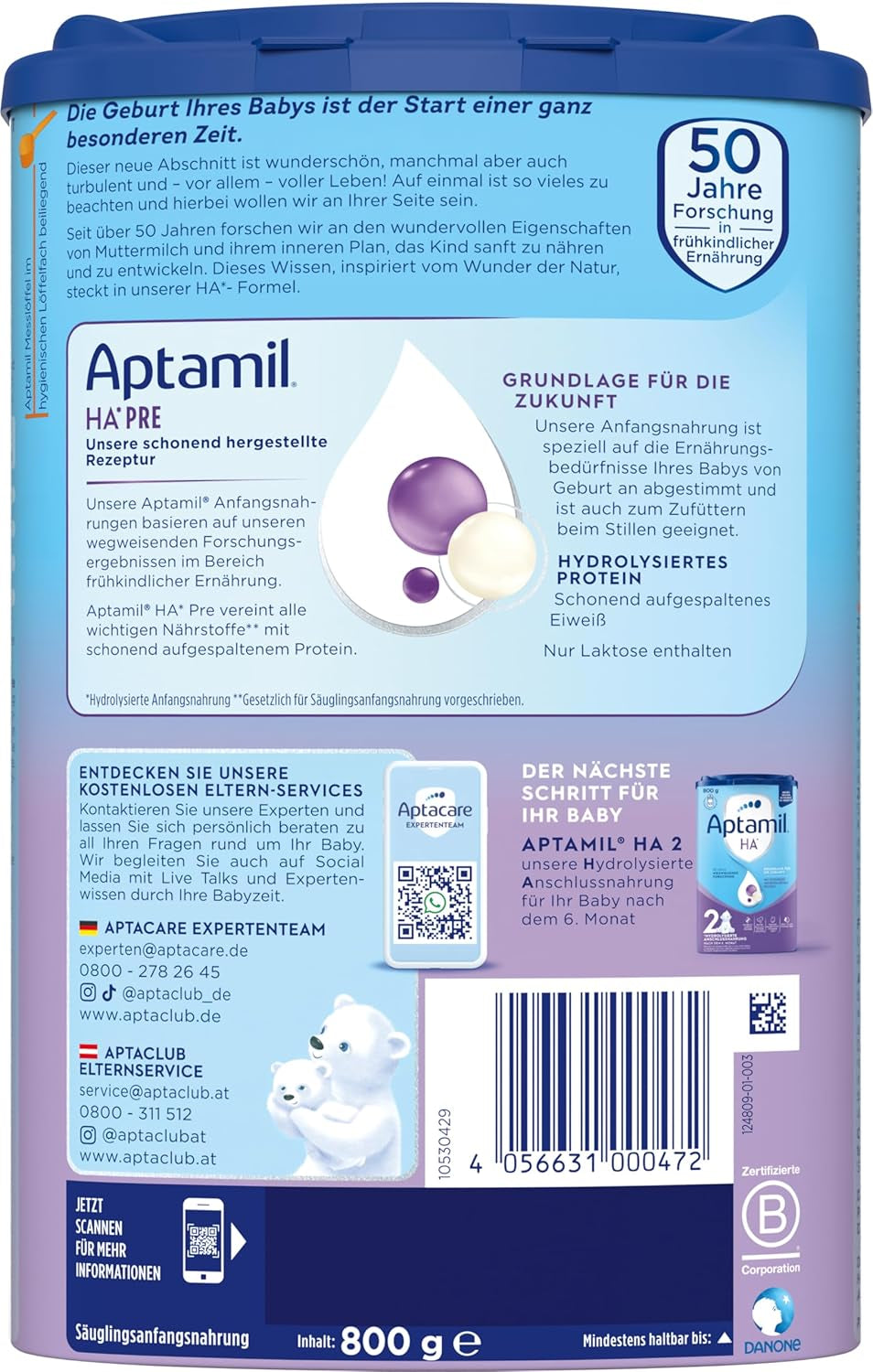 Aptamil HA PRE – Mélange de lait de consommation, avec DHA, sans lactose, sans huile de palme, lait pour bébé, poudre de lait, 1x 800 g