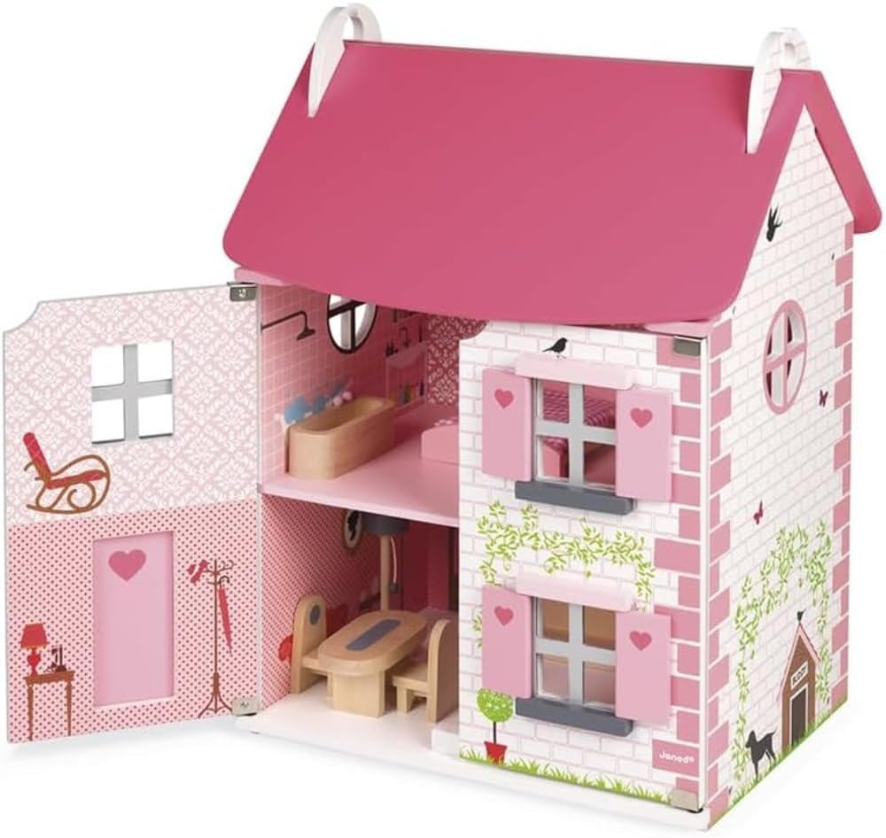 Janod Mademoiselle Maison de poupée en bois à 3 étages avec 11 accessoires, réplique de jouet, développe l'imagination, à partir de 3 ans, J06581