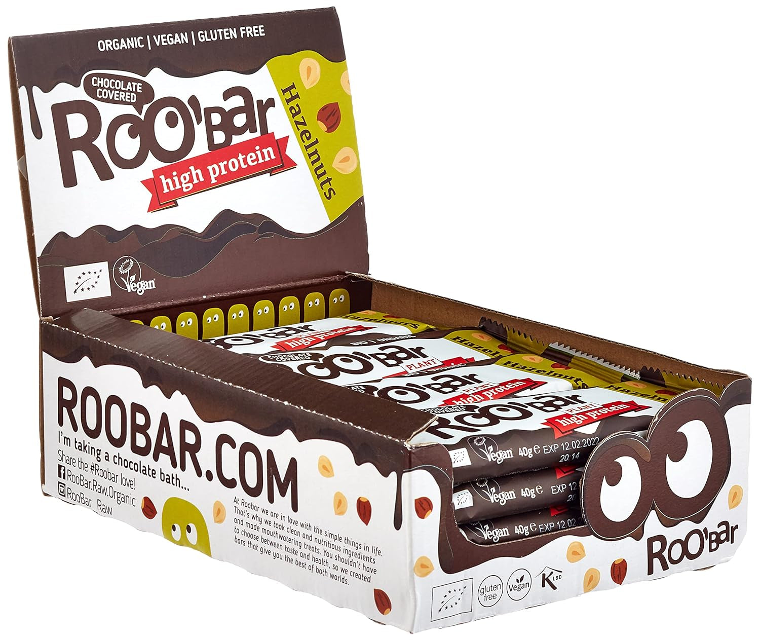 Barres aux noisettes glacées au chocolat riches en protéines - 100 % biologiques, végétaliennes, barres de fruits, sans produits laitiers, sans gluten, sans sucre raffiné - 16 barres x 40 g