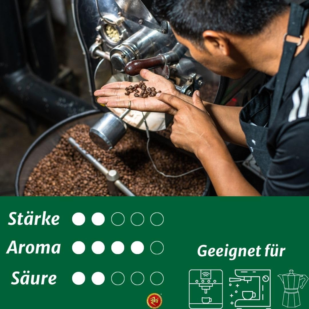 Caffè Crema - Café en grains torréfiés en Sicile - Processus traditionnel de torréfaction longue avec une crème parfaite, sachet de 250 g, acidité très faible pour machines entièrement automatiques et porte-filtre