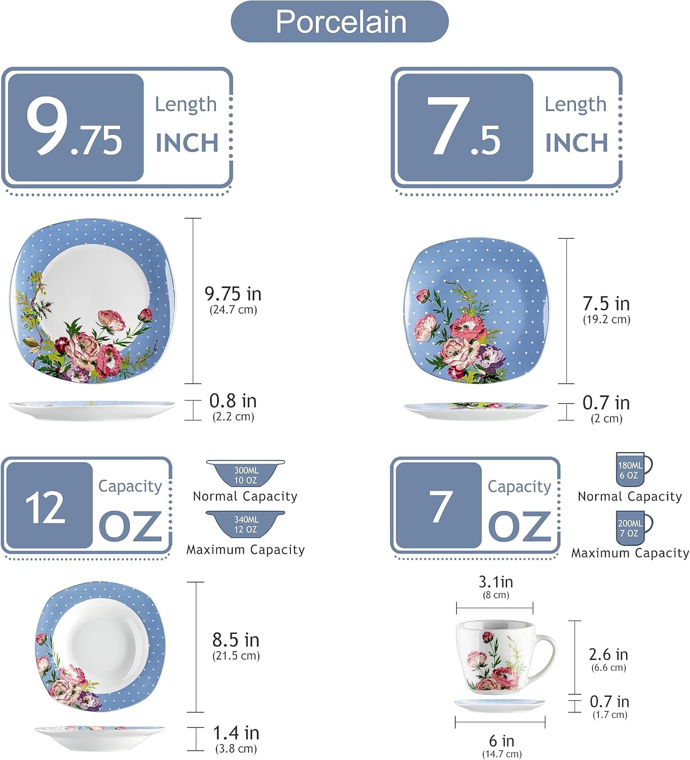 VEWEET Service de table combiné en porcelaine, 30 pièces pour 4 à 12 personnes, série Hannah, assiettes plates, assiettes à dessert, assiettes creuses, tasses à café et soucoupes
