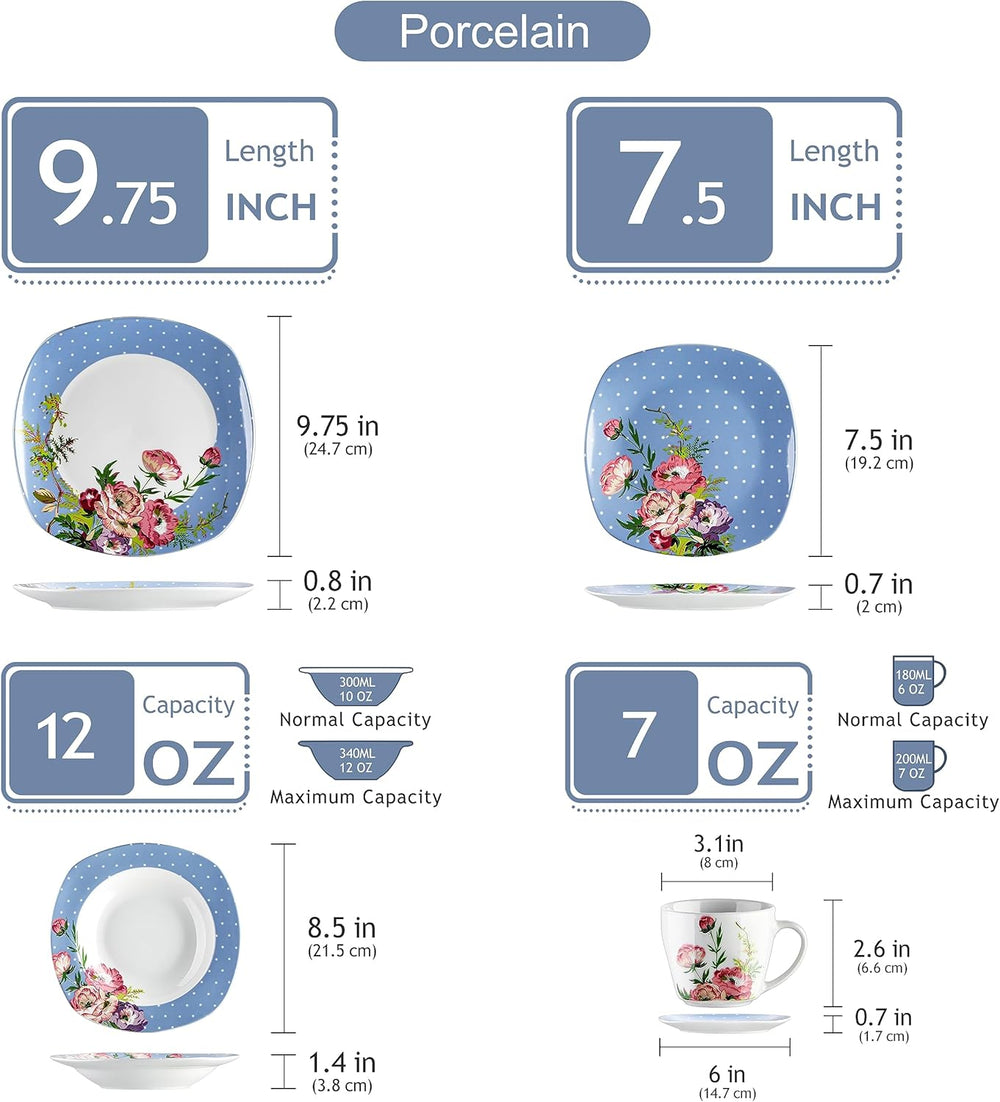 VEWEET Service de table combiné en porcelaine, 30 pièces pour 4 à 12 personnes, série Hannah, assiettes plates, assiettes à dessert, assiettes creuses, tasses à café et soucoupes