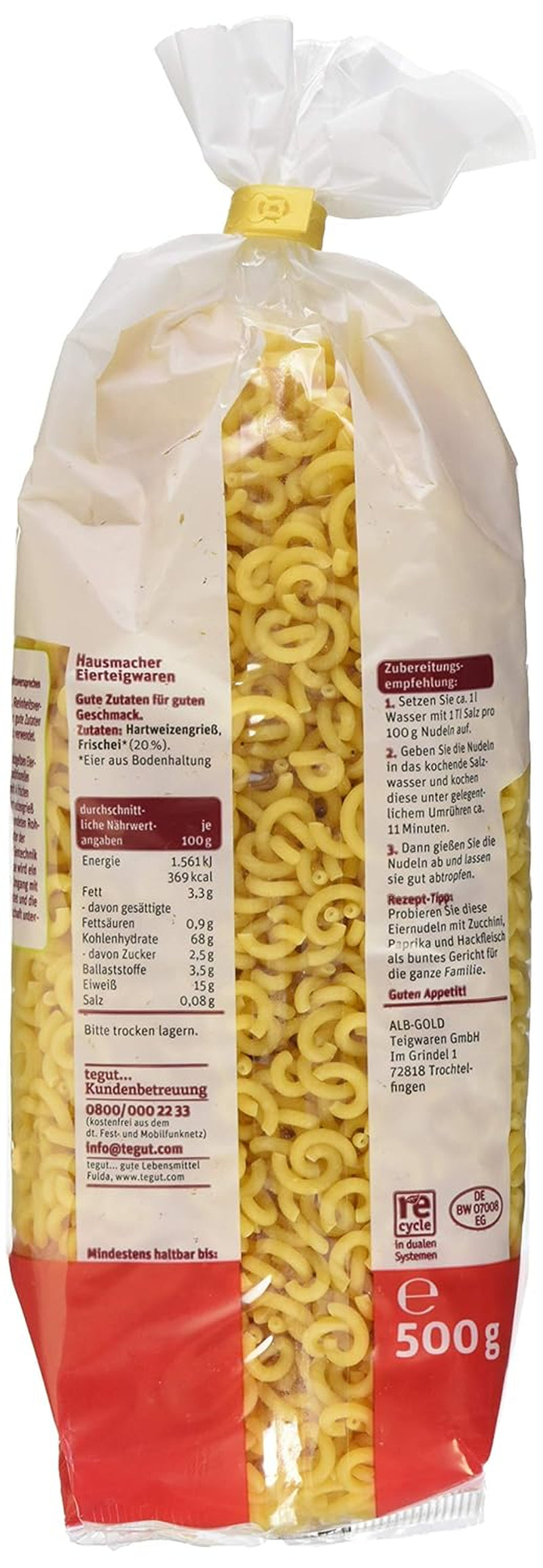 tegut... Nouilles aux œufs et spaghettis en forme de fourchette, 1 x 500 g