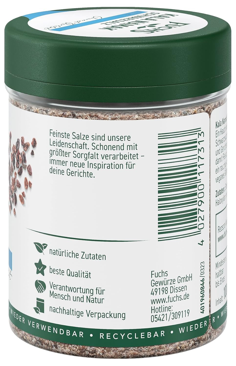 Fuchs Gewürze - Kala Namak - Schwarzsalz - Gewürzsalz für veganes Rührei - ingrédients naturels - 100 g en dose variable, recyclable